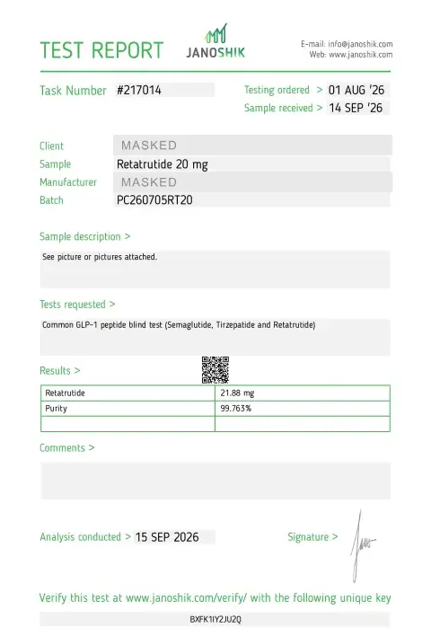 Janoshik-Bericht #217014 — Retatrutide 20 mg