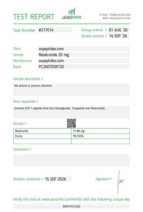 Janoshik #217014: Retatrutide 20 mg, 99,763 %
