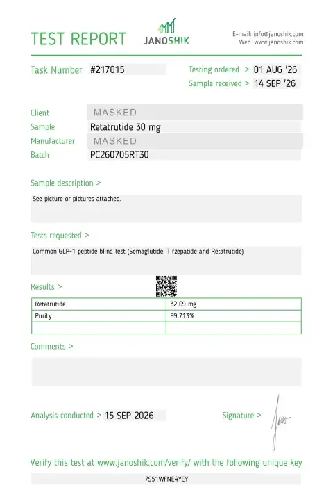 Janoshik-Bericht #217015 — Retatrutide 30 mg