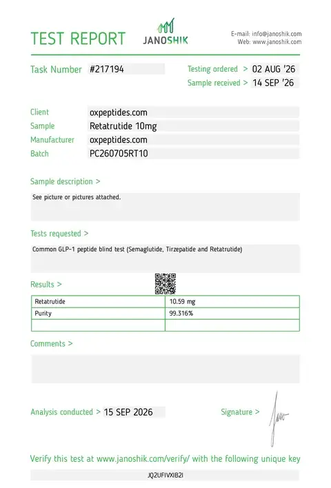 Janoshik #217194: Retatrutide 10 mg, 99,316 %