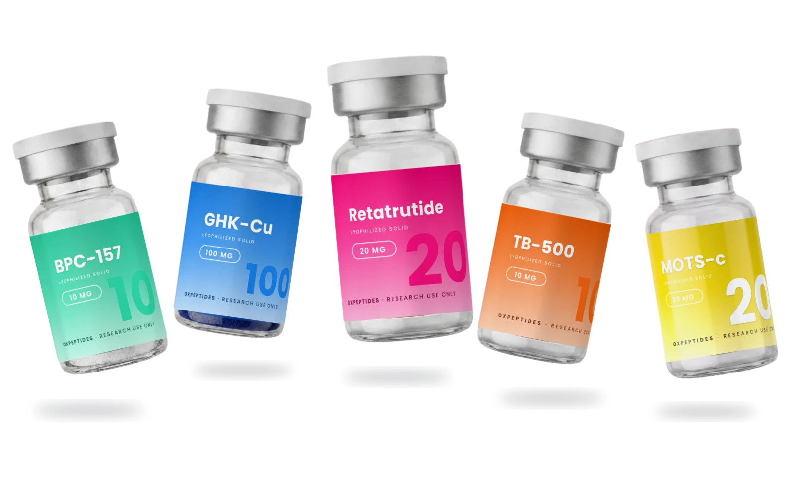 Cinco peptídeos de investigação da OXpeptides: BPC-157 10 mg, GHK-Cu 100 mg, Retatrutide 20 mg, TB-500 10 mg, MOTS-c 20 mg